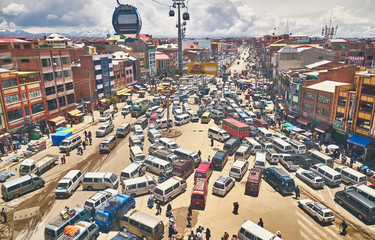 Elevated view of traffic in city, El Alto, La Paz, Bolivia, South America