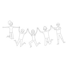 people group man and woman jumping happy vector illustration thin line