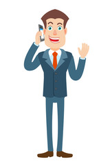 Businessman talking on mobile phone and raised a hand in greeting
