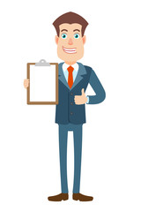 Businessman holding clipboard and showing thumb up