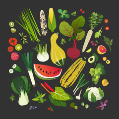 Collection of fruits, vegetables, leafy greens and common herbs