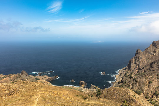 Elevated view of rugged coastline and sea, Nova Sintra, Brava, Cape Verde, Africa