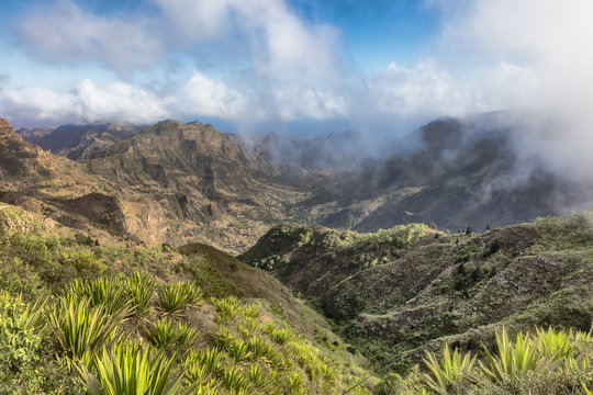 Mountain landscape with low clouds, Serra da Malagueta, Santiago, Cape Verde, Africa