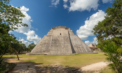 The great pyramid of magician in Uxmal archeological site, tourist destination, indian Aztec Mayan Zapotec