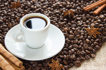 roasted coffee beans with a cup on a saucer with an espresso drink with cinnamon and anise