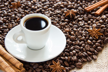 roasted coffee beans with a cup on a saucer with an espresso drink with cinnamon and anise