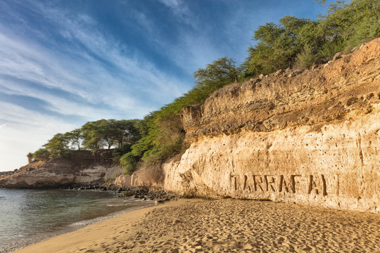 Place name carved into cliff on beach, Tarrafal, Cape Verde, Africa