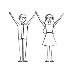 couple of young raised arms people characters vector illustration sketch design