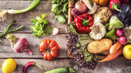 Gordijnen Organic vegetables healthy nutrition concept on wooden background © sebra