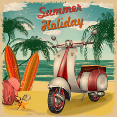 Summer holidays poster with scooter and surfboards.