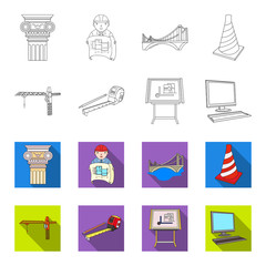 Construction crane, measuring tape measure, drawing board, computer. Architecture set collection icons in outline,flet style vector symbol stock illustration web. © pandavector