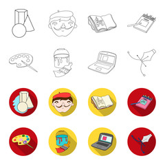 A palette with a brush, a bucket with a paint brush, a computer, a tool, a pen.Artist and drawing set collection icons in outline,flet style vector symbol stock illustration web. © pandavector