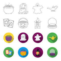 Tarot cards, holiday halloween, magician in a hat, crystal ball. Black and white magic set collection icons in outline,flet style vector symbol stock illustration web. © pandavector
