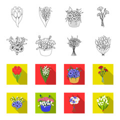 A bouquet of fresh flowers outline,flet icons in set collection for design. Various bouquets vector symbol stock web illustration. © pandavector