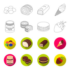 Chocolate pasta, biscuit, strawberry in chocolate, hamburger. Chocolate desserts set collection icons in outline,flet style vector symbol stock illustration web. © pandavector