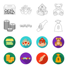 A pile of coins for donations, colored cubes with an inscription, a handshake, a bag of money for donations. Charity and donation set collection icons in outline,flet style vector symbol stock © pandavector