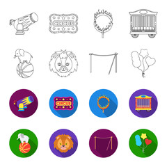 Elephant on the ball, circus lion, crossbeam, balls.Circus set collection icons in outline,flet style vector symbol stock illustration web. © pandavector