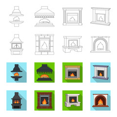 Fire, warmth and comfort. Fireplace set collection icons in outline,flet style vector symbol stock illustration web. © pandavector