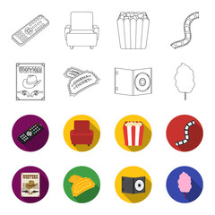 Western cinema, tickets, sweet cotton wool, film on DVD.Filmy and cinema set collection icons in outline,flet style vector symbol stock illustration web. © pandavector