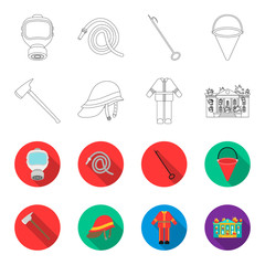 Ax, helmet, uniform, burning building. Fire departmentset set collection icons in outline,flet style vector symbol stock illustration web. © pandavector