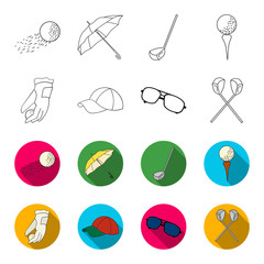 A glove for playing golf with a ball, a red cap, sunglasses, two clubs. Golf Club set collection icons in outline,flet style vector symbol stock illustration web. © pandavector