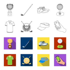 Emblem of the golf club, cap with a visor, golfer shirt, phone with a navigator.Golf club set collection icons in outline,flet style vector symbol stock illustration web. © pandavector