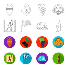 Greece, running, wine, flag .Greece set collection icons in outline,flet style vector symbol stock illustration web. © pandavector