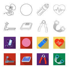 Treadmill, scales, expander and other equipment for training.Gym and workout set collection icons in outline,flet style vector symbol stock illustration web. © pandavector