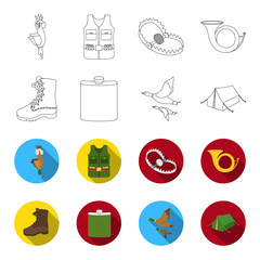 Flying ducks, flask, boots, tent..Hunting set collection icons in outline,flet style vector symbol stock illustration web. © pandavector