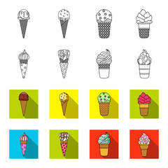 Ice cream on a stick, in a waffle cone and other species. Ice cream set collection icons in outline,flet style vector symbol stock illustration web. © pandavector