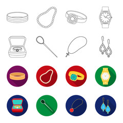 Ring in a case, hair clip, earrings with stones, a cross on a chain. Jewelery and accessories set collection icons in outline,flet style vector symbol stock illustration web. © pandavector
