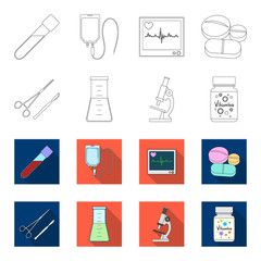 A bank of vitamins, a flask with a solution and other equipment.Medicine set collection icons in outline,flet style vector symbol stock illustration web. © pandavector