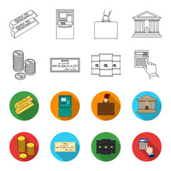 A stack of coins, a bank check, a calculator, black gold. Money and finance set collection icons in outline,flet style vector symbol stock illustration web. © pandavector