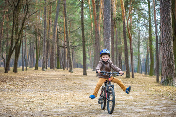 Obraz premium Happy kid boy of 3 or 5 years having fun in autumn forest with a bicycle on beautiful fall day. Active child wearing bike helmet. Safety, sports, leisure with kids concept.