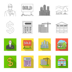 Calculator, dollar sign, new building, real estate offices. Realtor set collection icons in outline,flet style vector symbol stock illustration web. © pandavector