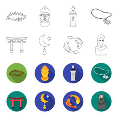 Torii, carp koi, woman in hijab, star and crescent. Religion set collection icons in outline,flet style vector symbol stock illustration web. © pandavector