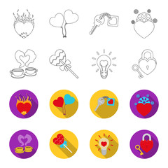 Cups with coffee, valentine, lamp, lock with key. Romantic set collection icons in outline,flet style vector symbol stock illustration web. © pandavector
