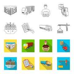 Sea freight, signature of delivery documents, truck, tower crane with a container. Logistics and delivery set collection icons in outline,flet style isometric vector symbol stock illustration web. © pandavector