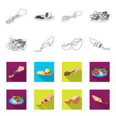 Shish kebab with vegetables, ketchup and mustard, seasoning for food, broken egg. Food and Cooking set collection icons in outline,flet style vector symbol stock illustration web. © pandavector