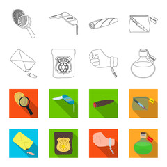 The detective's badge, the handcuff on the criminal's hand, the stump of the finger in the bag, the flask with the poison. Crime and detective set collection icons in outline,flet style vector symbol © pandavector