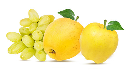 Fresh grapes and apples isolated on white background with clipping pass