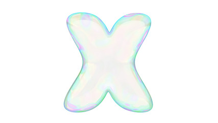 Underwater or soap bubbles with rainbow reflection  in the shape of letter X in on white background. 3d render typography.