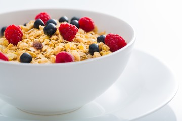 Bowl of Granola, Blueberries and Raspberries