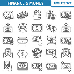 Finance and Money Icons. Professional, pixel perfect icons depicting various finance, money and currency concepts. EPS 8 format.