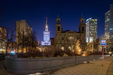 Fototapeta premium Grzybowski square at night in Warsaw, Poland