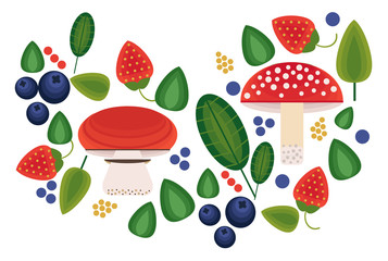 Vector flat style vector forest mushrooms and forest element. Ornamental, traditional with forest berries and mushroom, strawberries, deep, blueberries, mountain ash, cranberries, leaf, nuts, dot.