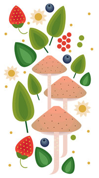 Vector flat style vector forest mushrooms and forest element. Ornamental, traditional with forest berries and mushroom, strawberries, deep, blueberries, mountain ash, cranberries, leaf, nuts, dot.