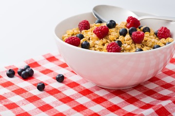 Bowl of Granola, Blueberries and Raspberries
