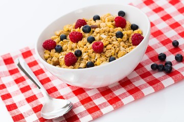 Bowl of Granola, Blueberries and Raspberries