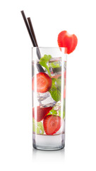 Strawberry mojito cocktail in classical glass with slice of lemon and black tube isolated on white background with clipping path